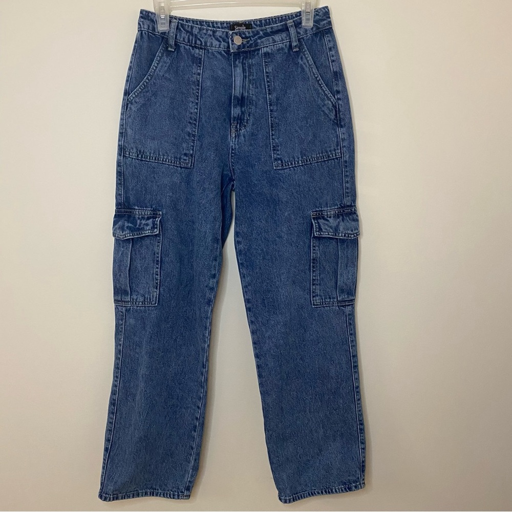 Simple Society High Rise Blue Denim Wash Cargo Jeans Junior’s Size 9/29